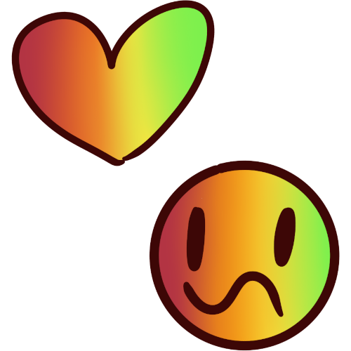 image of a half smiley half frowny face next to a heart, they both have a red orange yellow green gradient